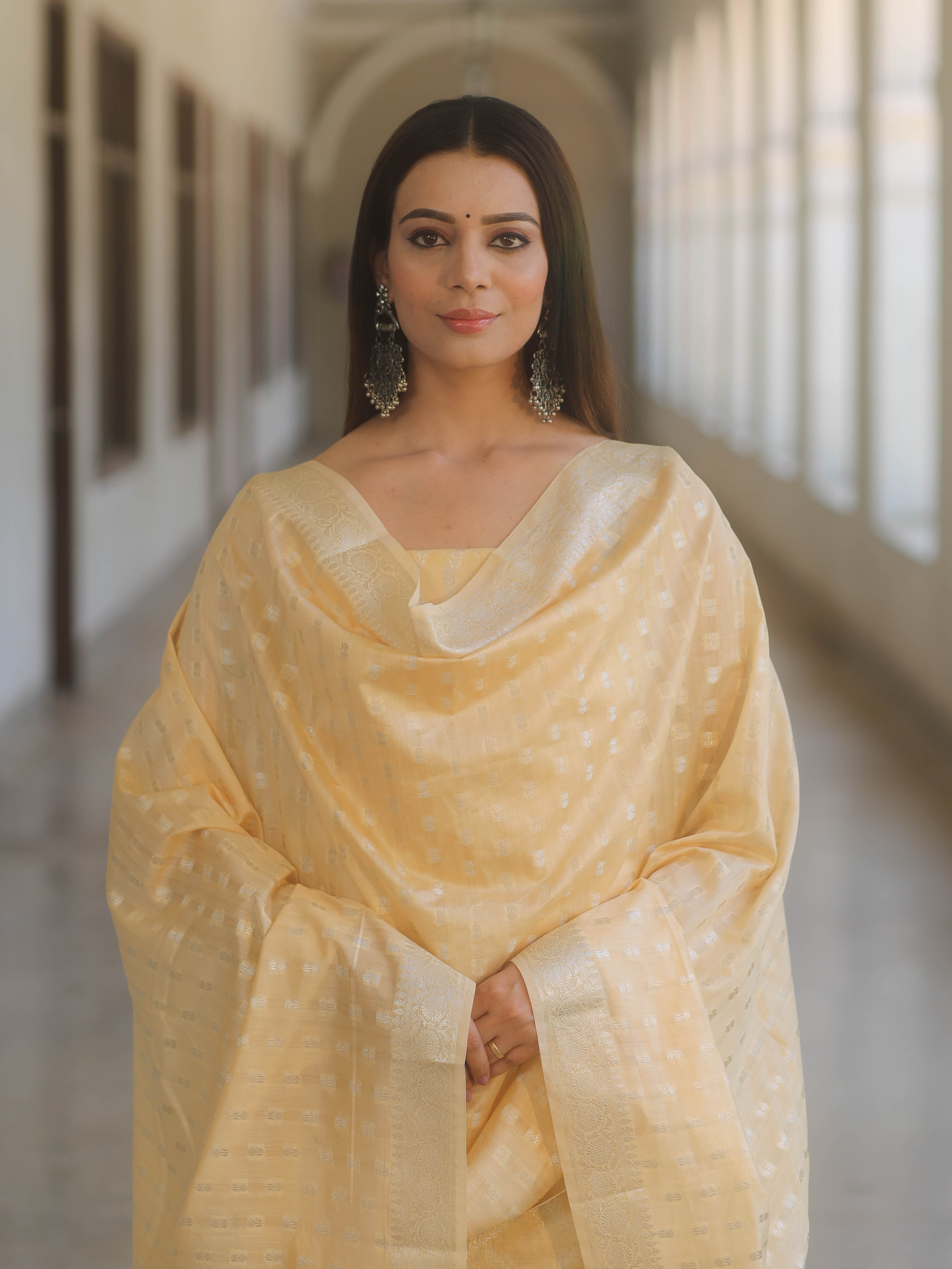 Banarasee Cotton Silk Zari Work Salwar Kameez Fabric With Dupatta-Light Yellow