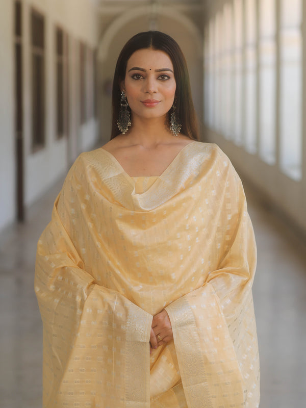 Banarasee Cotton Silk Zari Work Salwar Kameez Fabric With Dupatta-Light Yellow