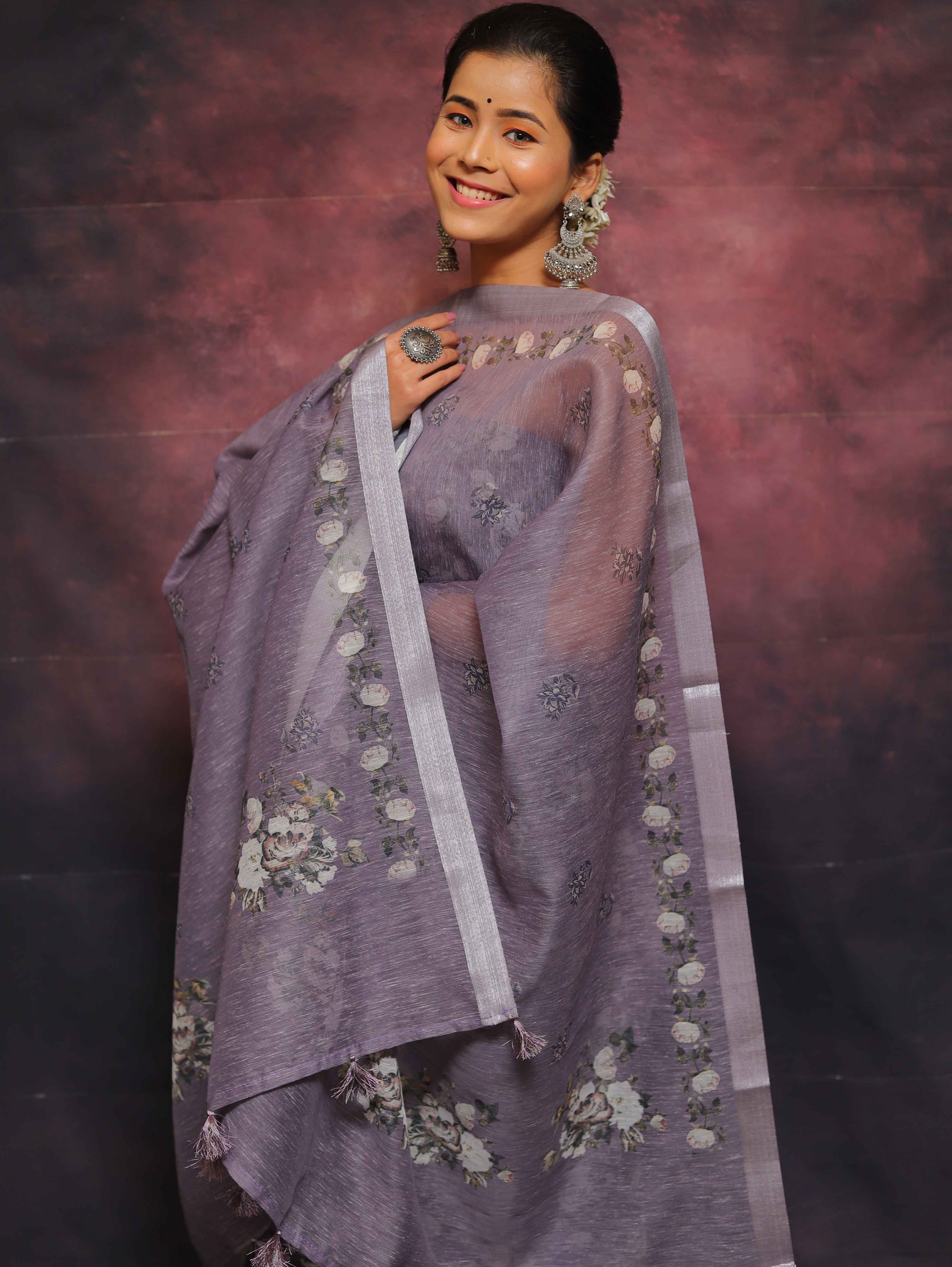 Banarasee Handloom Chanderi Silk Salwar Kameez With Digital Print Design-Purple Mauve