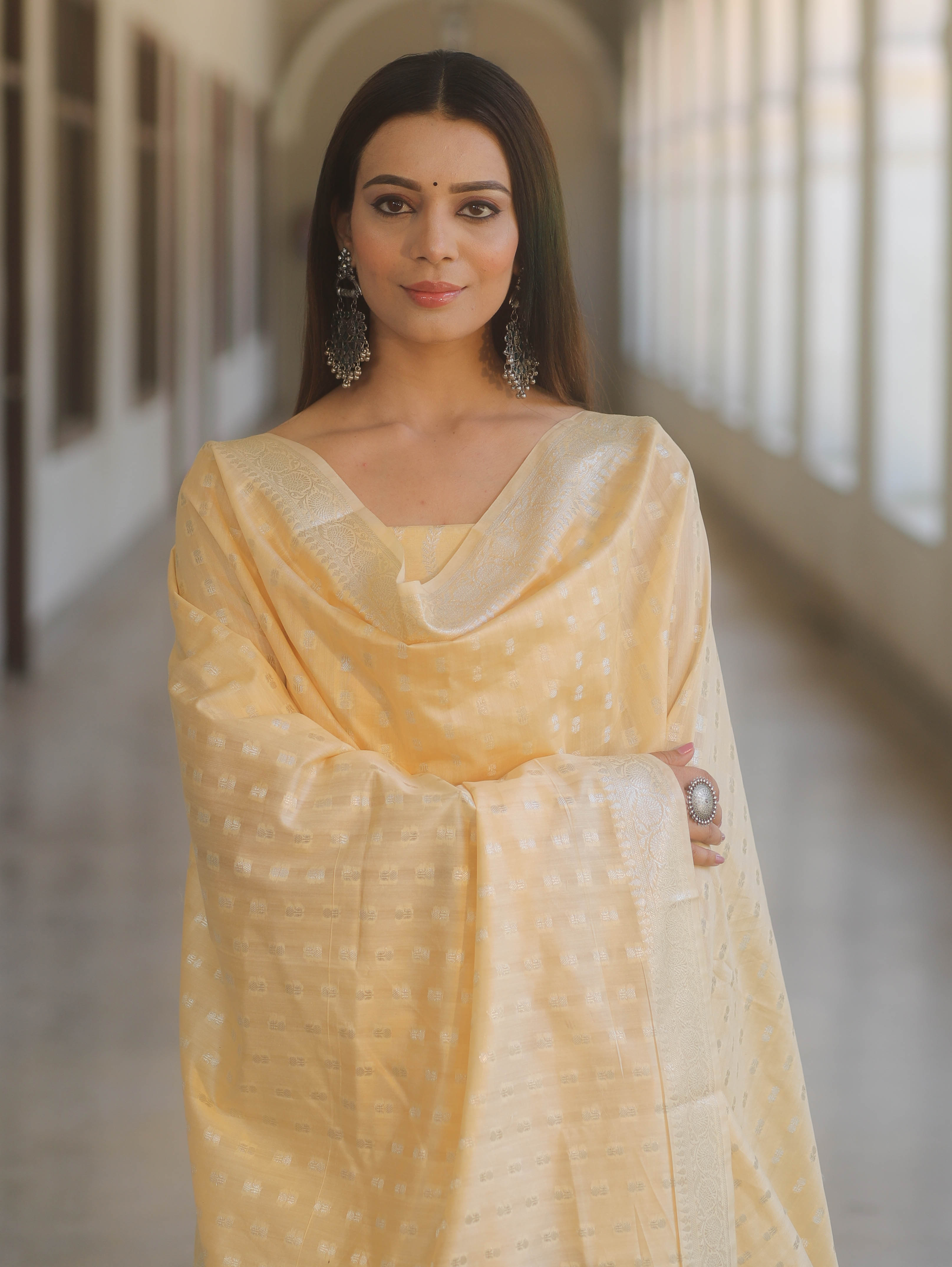 Banarasee Cotton Silk Zari Work Salwar Kameez Fabric With Dupatta-Light Yellow