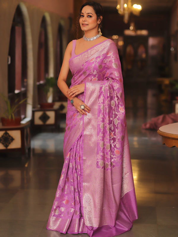 Banarasee Faux Georgette Saree With Gold Zari & Resham Jaal Work-Lavender