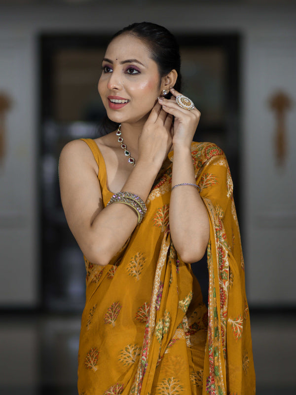 Banarasee Handloom Pure Chiffon Saree With Resham Work-Mustard Yellow