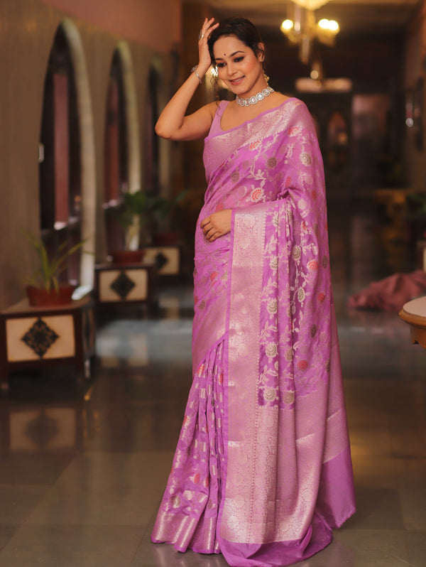 Banarasee Faux Georgette Saree With Gold Zari & Resham Jaal Work-Lavender