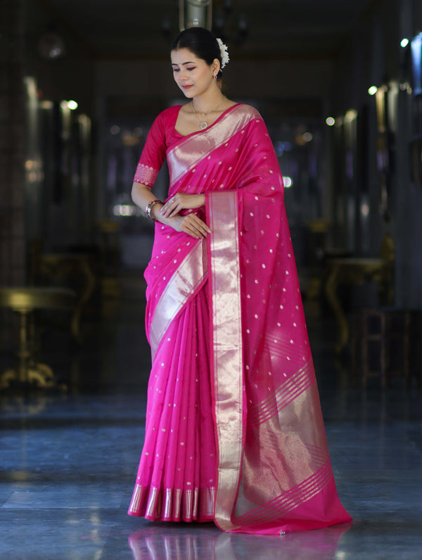 Banarasee Handloom Tissue Saree With Zari Buti Design & Border-Pink