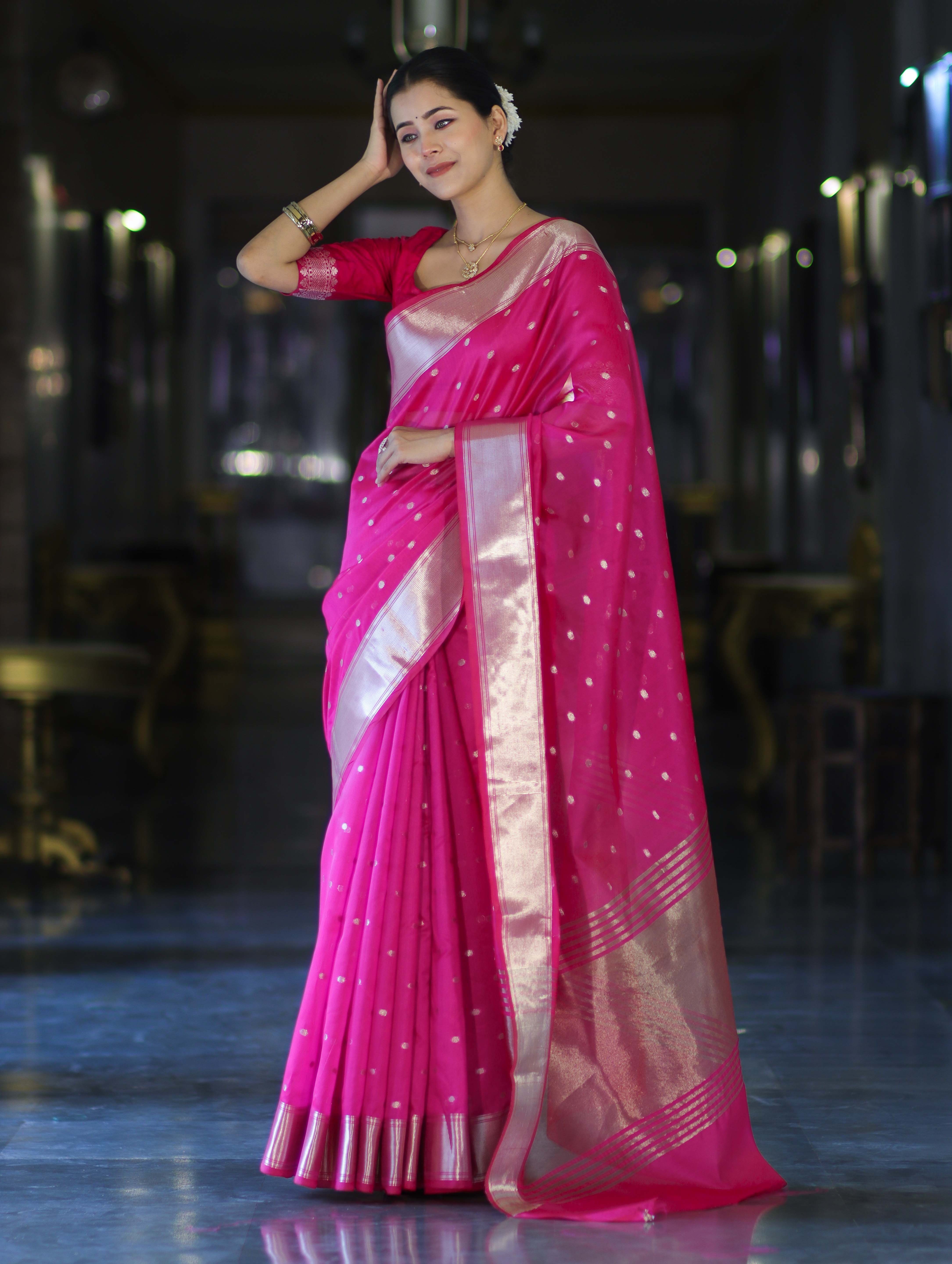 Banarasee Handloom Tissue Saree With Zari Buti Design & Border-Pink