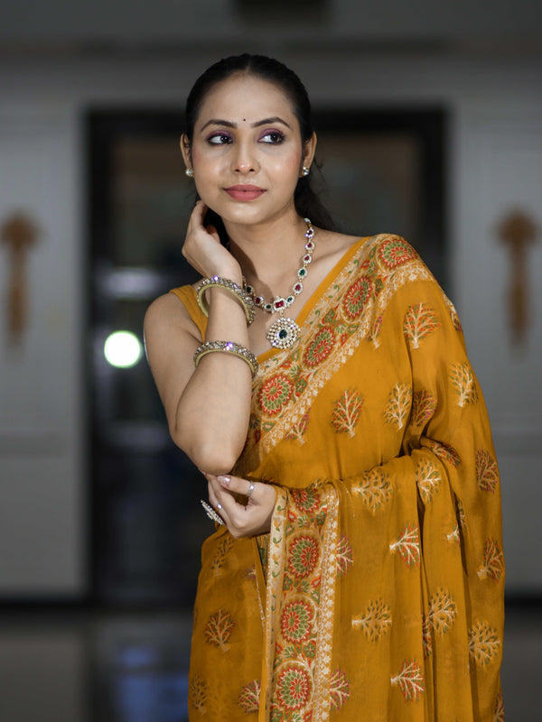 Banarasee Handloom Pure Chiffon Saree With Resham Work-Mustard Yellow