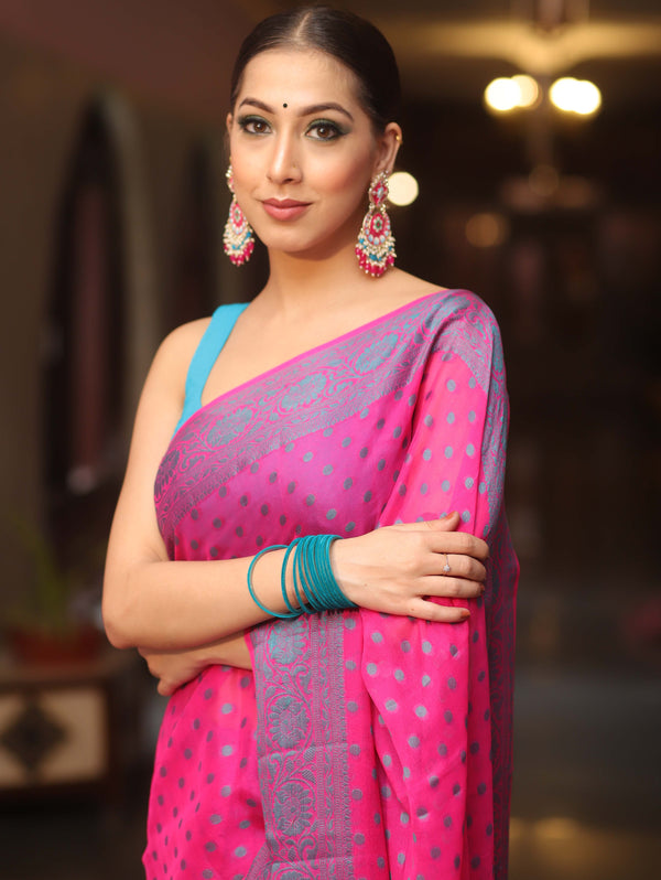 Banarasee Chiffon Floral Zari Buti & Border Saree-Hot Pink