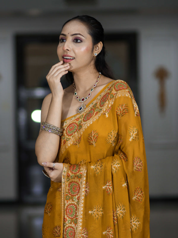 Banarasee Handloom Pure Chiffon Saree With Resham Work-Mustard Yellow