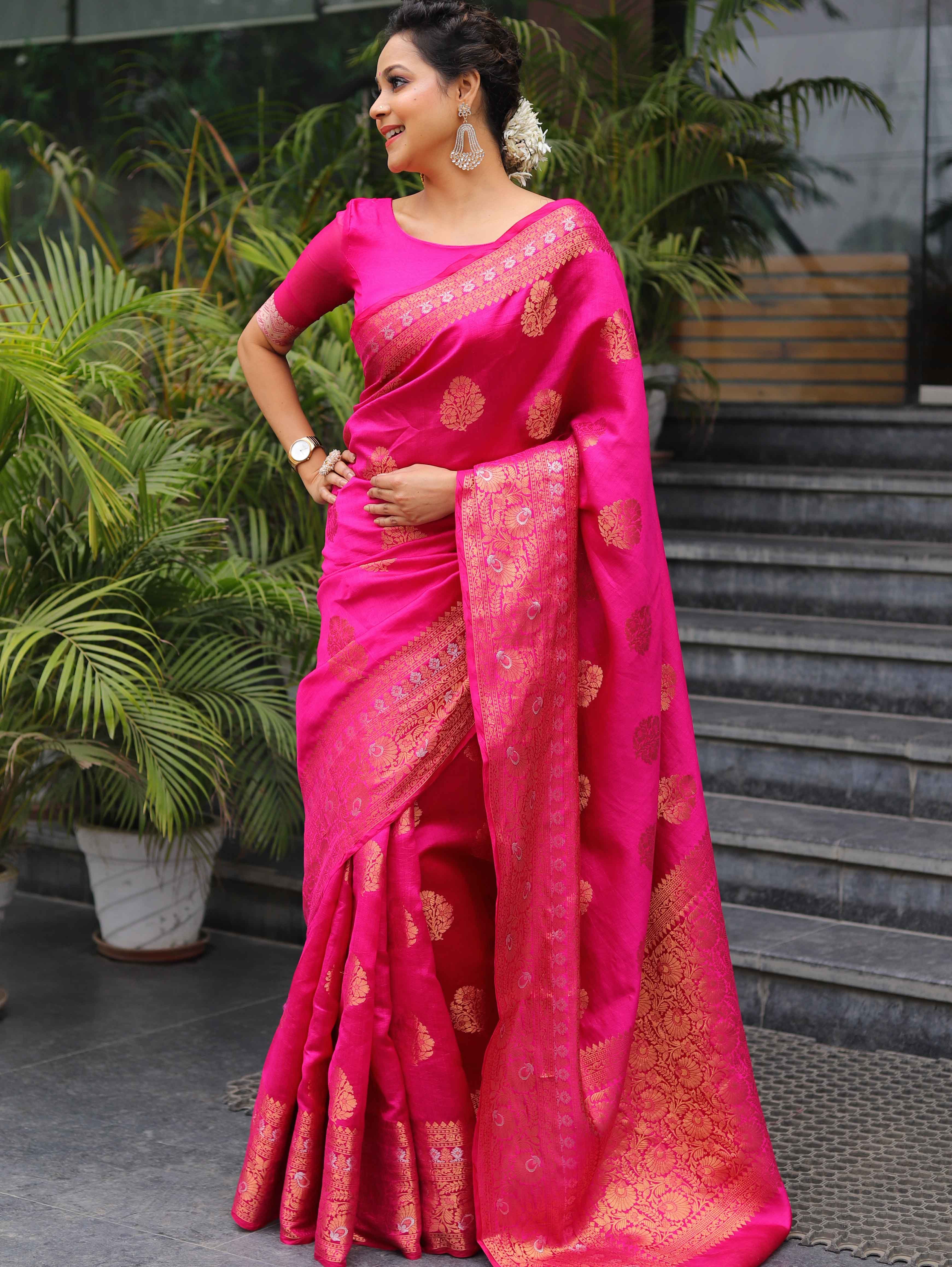Banarasee Handloom Pure Chiniya Silk Saree With Zari Work-Pink