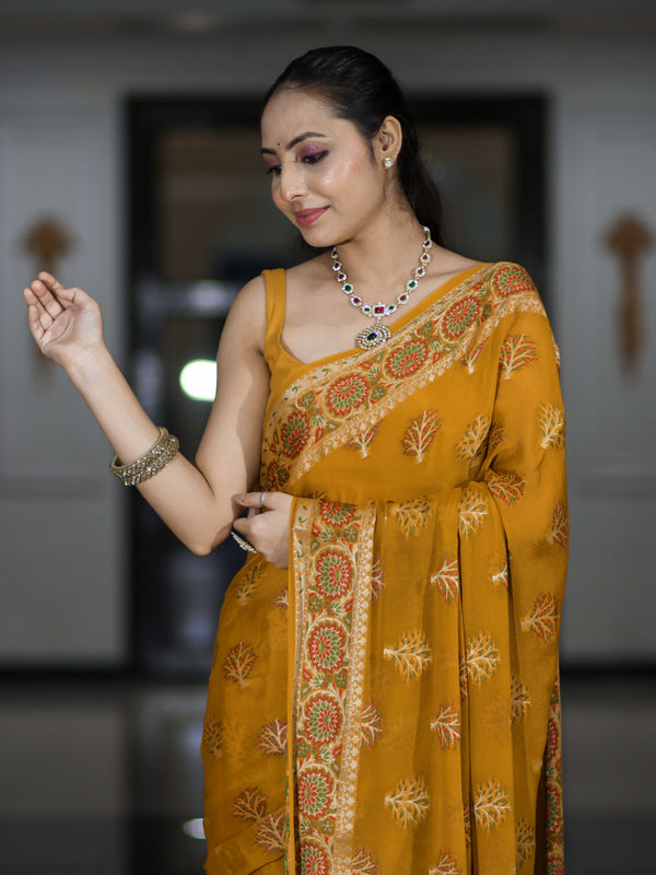 Banarasee Handloom Pure Chiffon Saree With Resham Work-Mustard Yellow