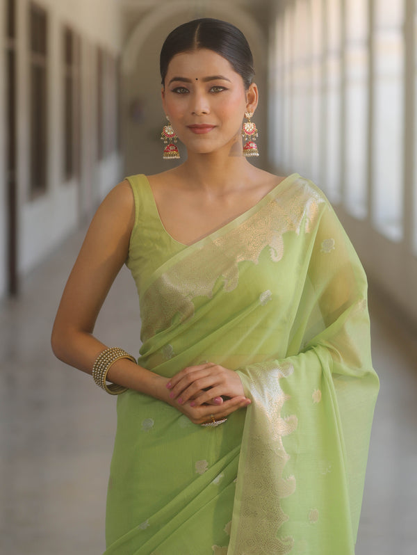 Banarasee Handwoven Silk Cotton Silk Saree Zari Buti & Border-Pastel Green
