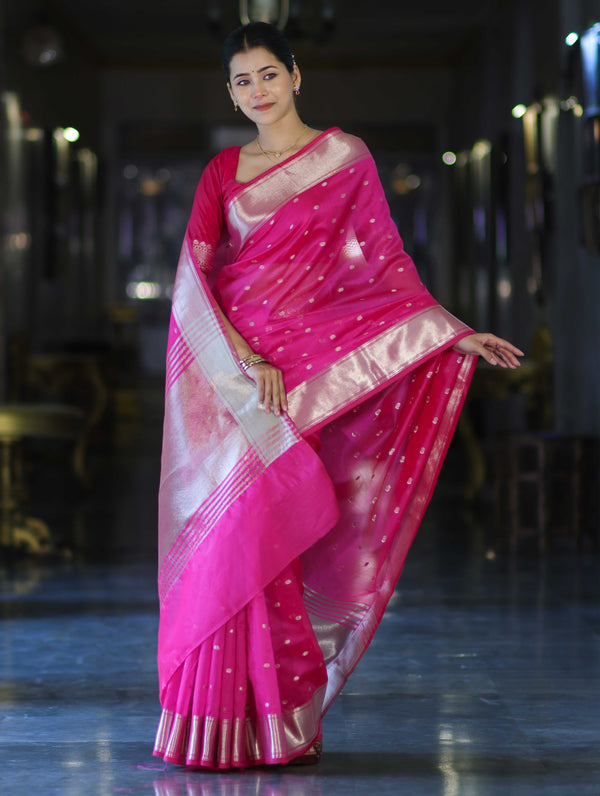 Banarasee Handloom Tissue Saree With Zari Buti Design & Border-Pink