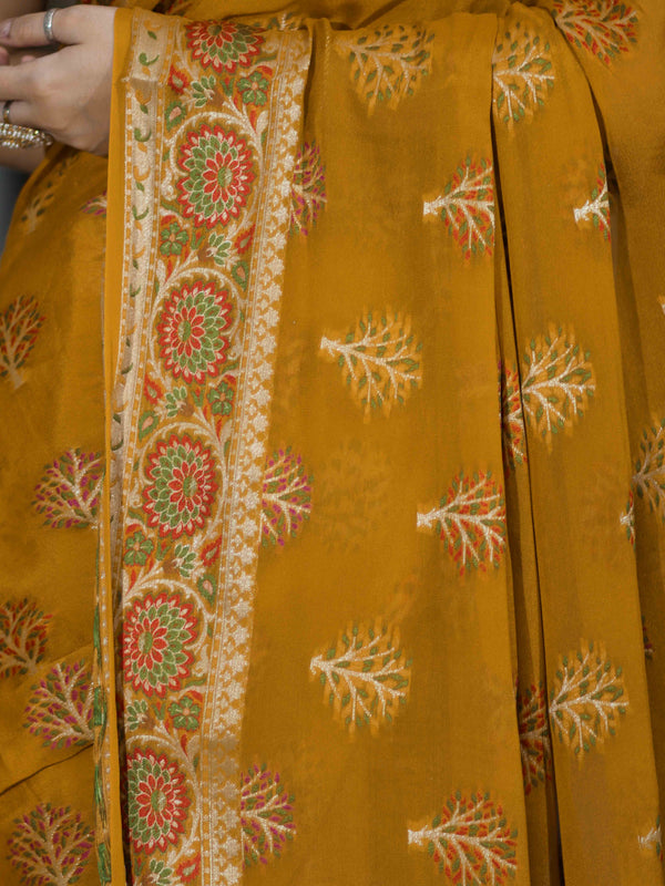 Banarasee Handloom Pure Chiffon Saree With Resham Work-Mustard Yellow
