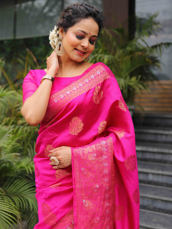 Banarasee Handloom Pure Chiniya Silk Saree With Zari Work-Pink