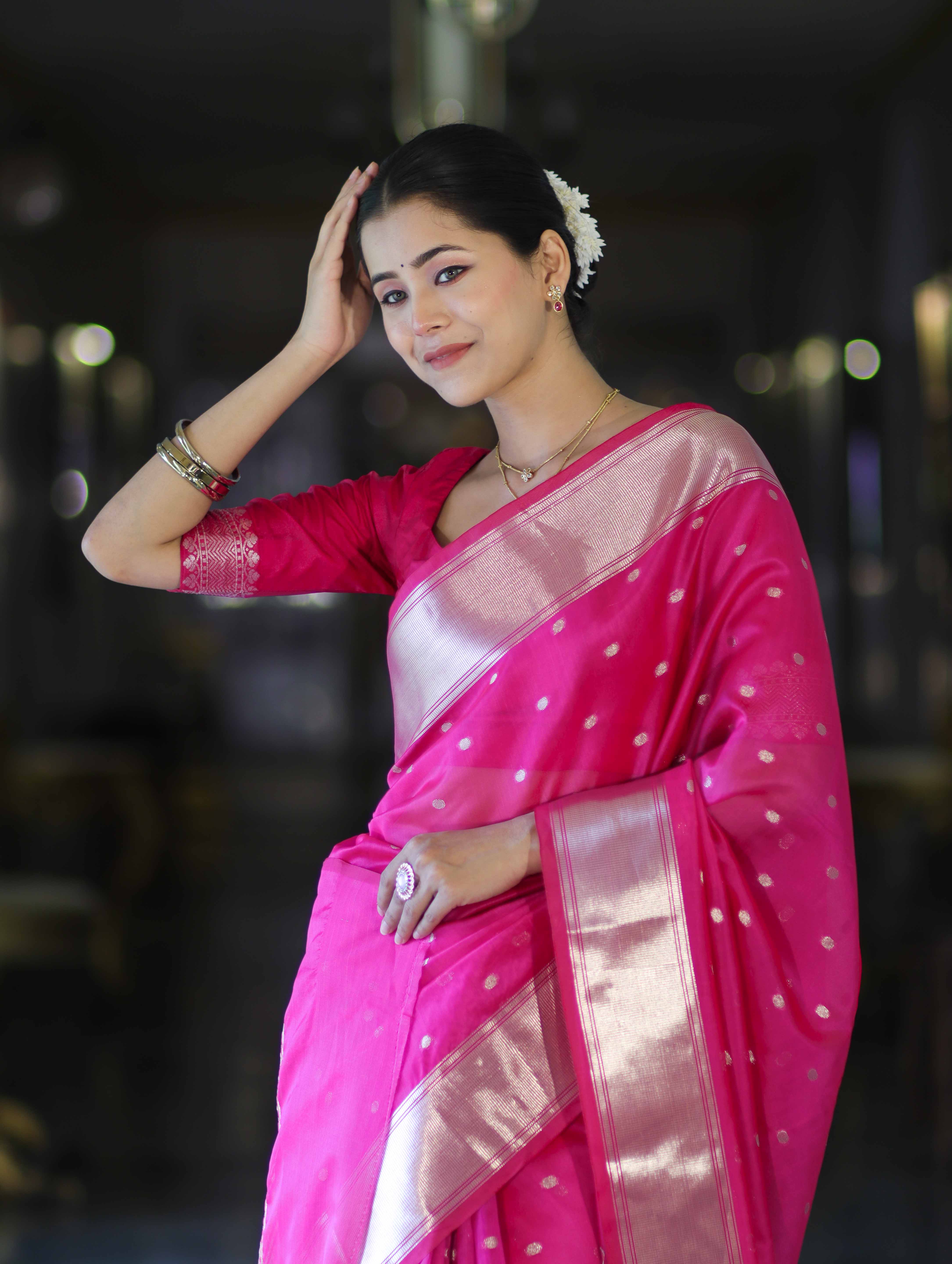 Banarasee Handloom Tissue Saree With Zari Buti Design & Border-Pink