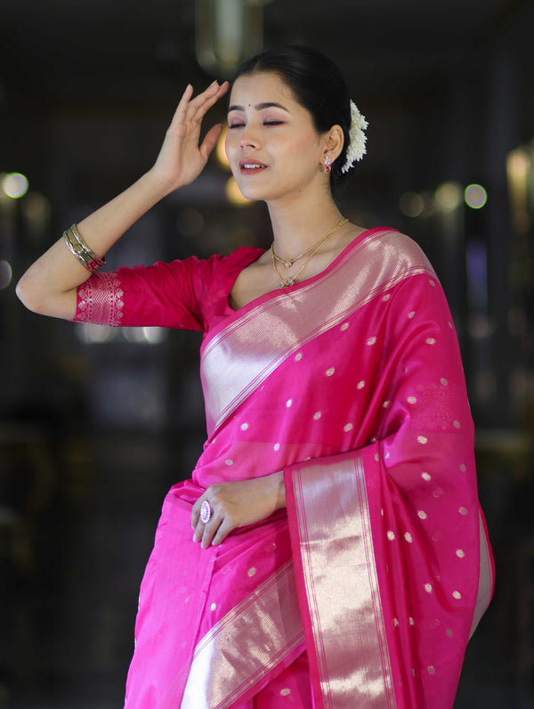 Banarasee Handloom Tissue Saree With Zari Buti Design & Border-Pink