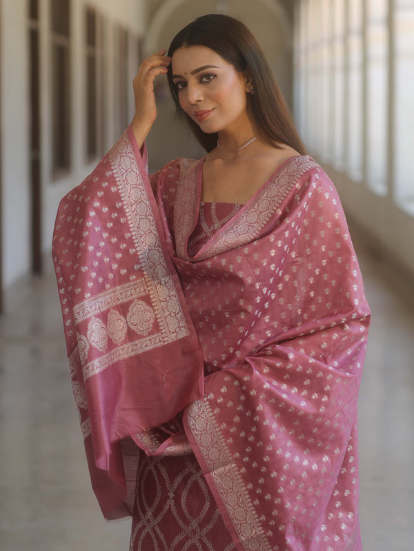 Banarasee Cotton Silk Zari Work Salwar Kameez Fabric With Dupatta-Onion Pink