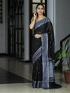 Banarasee Handloom Cotton Silk Saree With Zari Buti & Contrast Border-Black & Grey