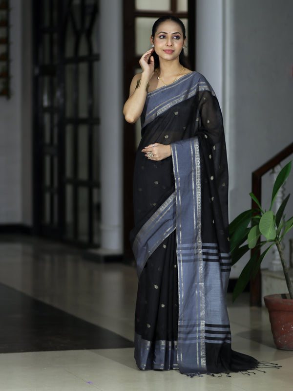 Banarasee Handloom Cotton Silk Saree With Zari Buti & Contrast Border-Black & Grey
