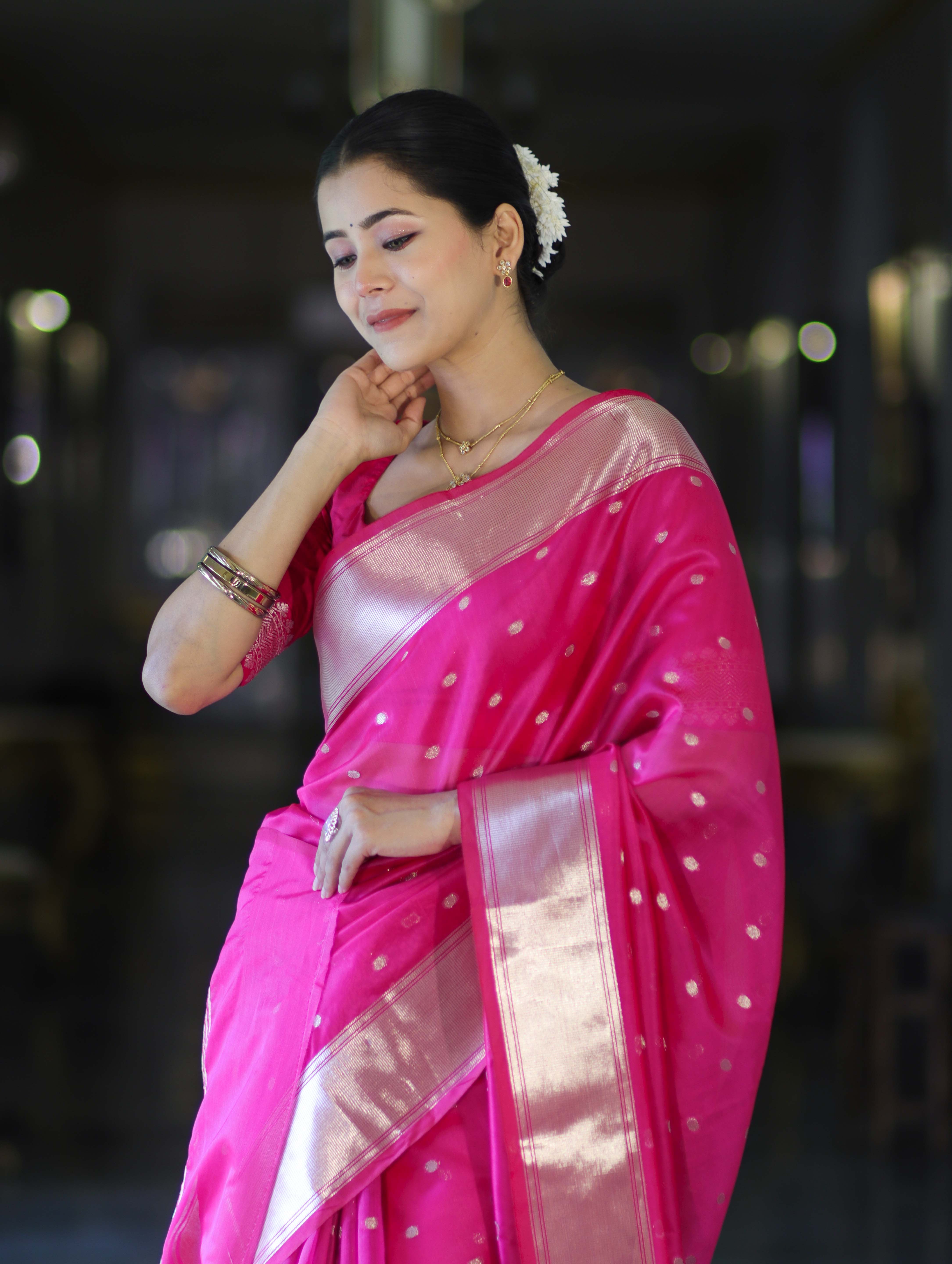 Banarasee Handloom Tissue Saree With Zari Buti Design & Border-Pink