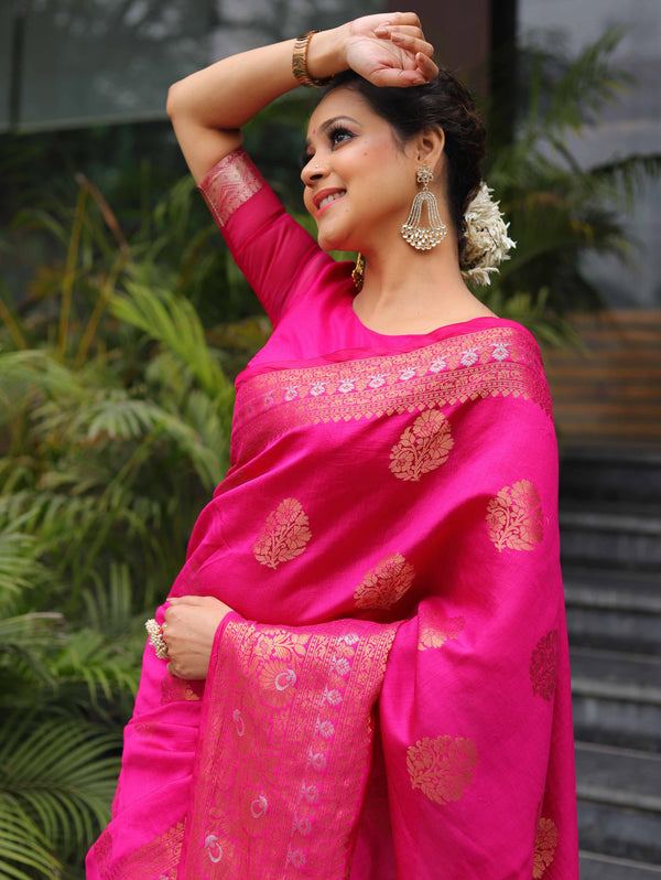 Banarasee Handloom Pure Chiniya Silk Saree With Zari Work-Pink