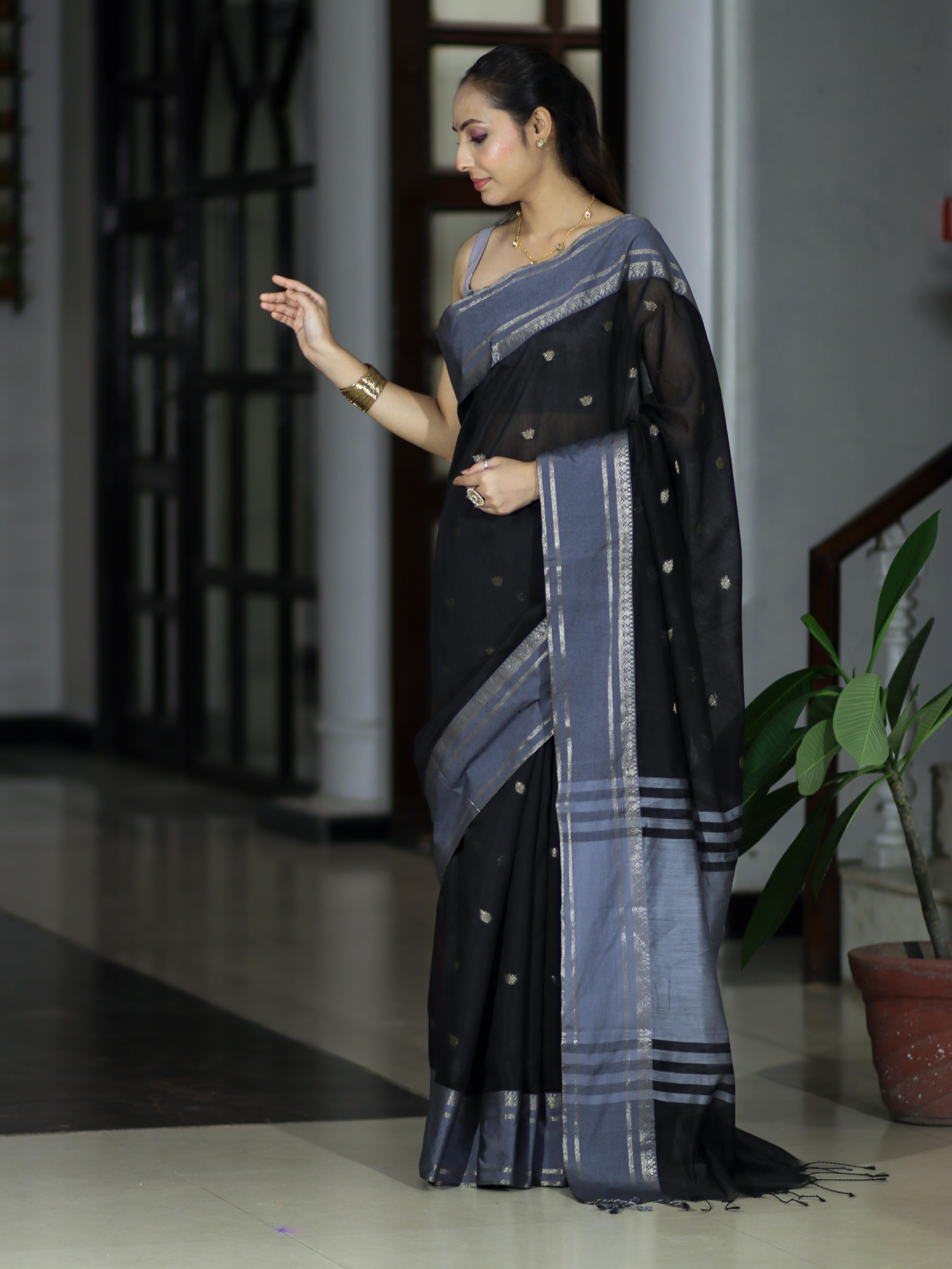 Banarasee Handloom Cotton Silk Saree With Zari Buti & Contrast Border-Black & Grey