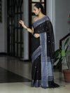 Banarasee Handloom Cotton Silk Saree With Zari Buti & Contrast Border-Black & Grey