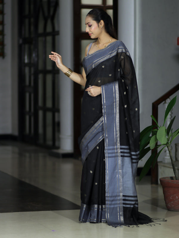 Banarasee Handloom Cotton Silk Saree With Zari Buti & Contrast Border-Black & Grey