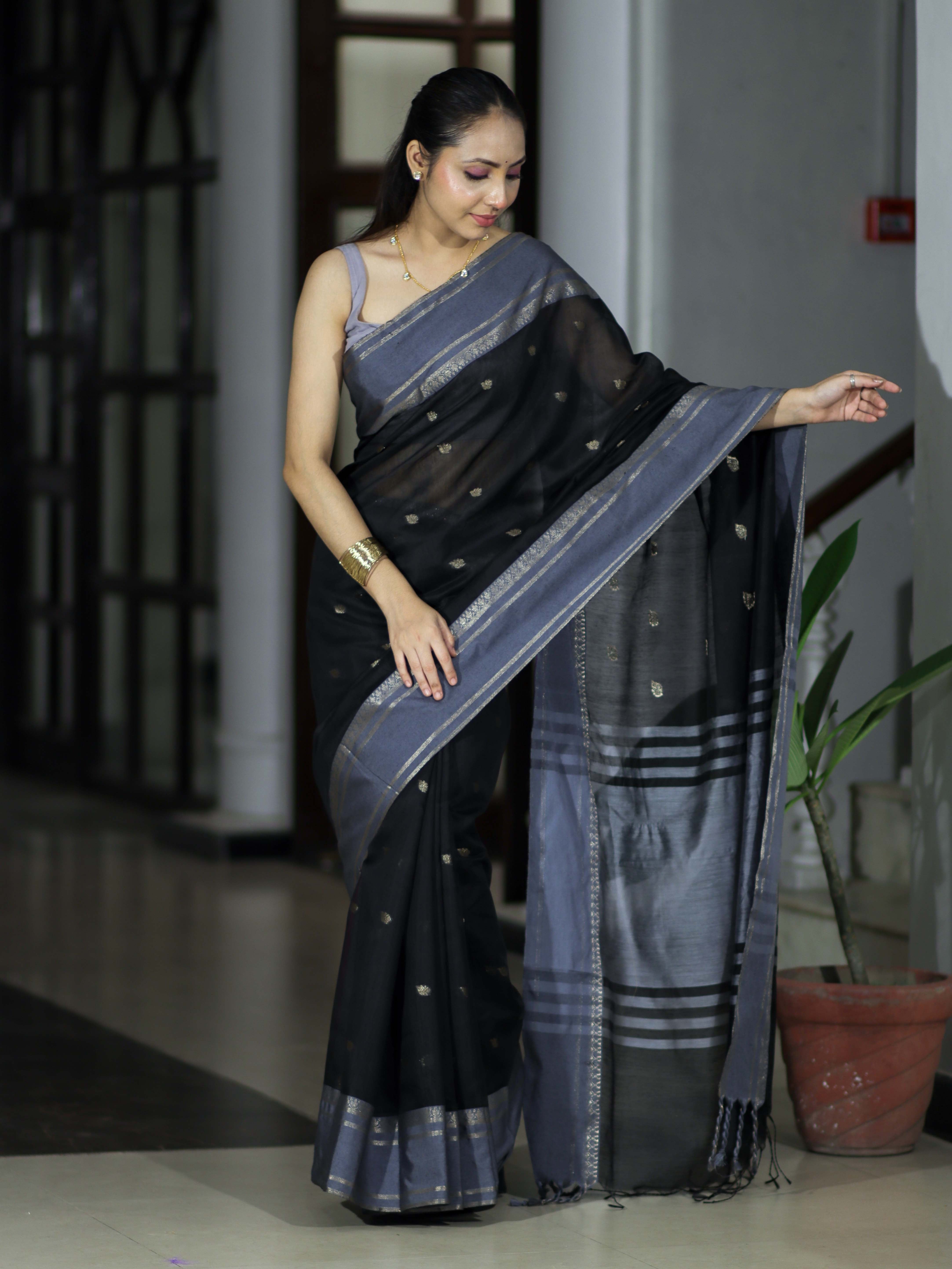 Banarasee Handloom Cotton Silk Saree With Zari Buti & Contrast Border-Black & Grey