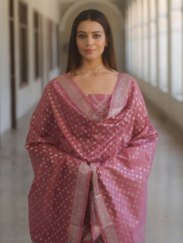 Banarasee Cotton Silk Zari Work Salwar Kameez Fabric With Dupatta-Onion Pink