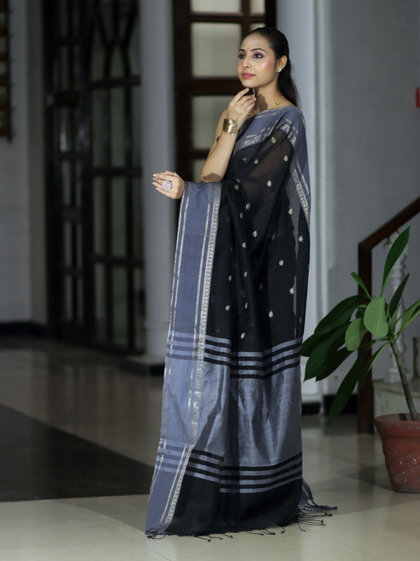 Banarasee Handloom Cotton Silk Saree With Zari Buti & Contrast Border-Black & Grey