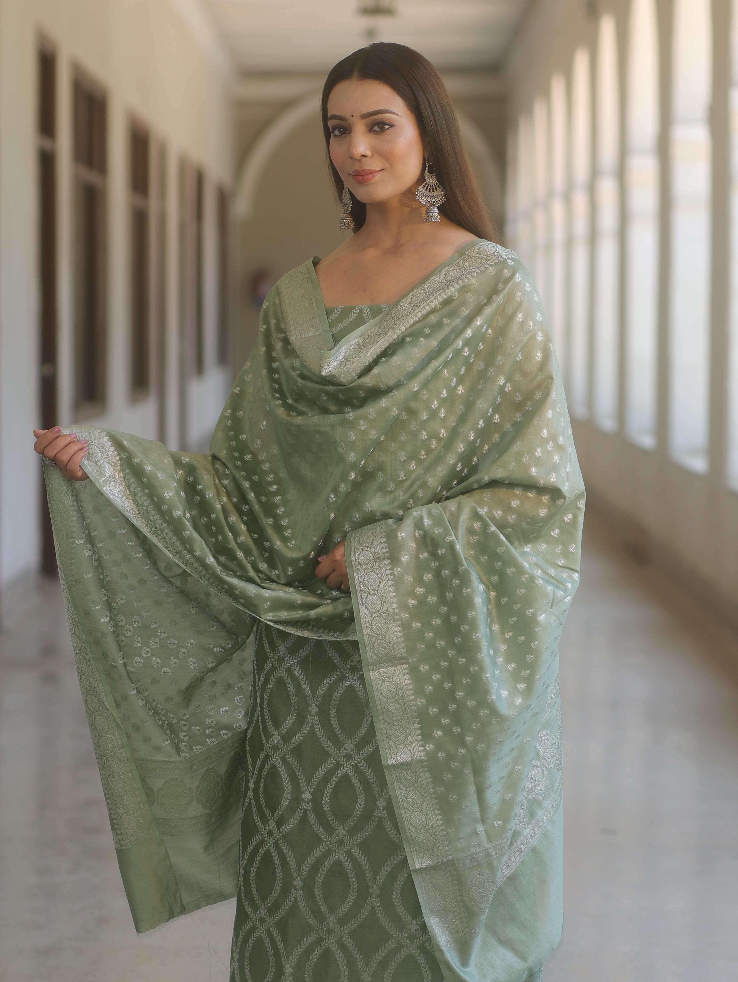 Banarasee Cotton Silk Zari Work Salwar Kameez Fabric With Dupatta-Pastel Green