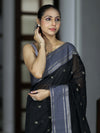 Banarasee Handloom Cotton Silk Saree With Zari Buti & Contrast Border-Black & Grey