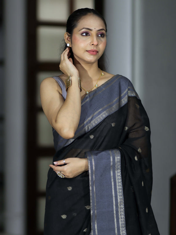 Banarasee Handloom Cotton Silk Saree With Zari Buti & Contrast Border-Black & Grey