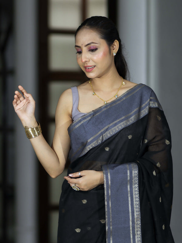 Banarasee Handloom Cotton Silk Saree With Zari Buti & Contrast Border-Black & Grey