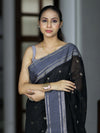 Banarasee Handloom Cotton Silk Saree With Zari Buti & Contrast Border-Black & Grey