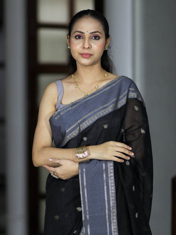 Banarasee Handloom Cotton Silk Saree With Zari Buti & Contrast Border-Black & Grey