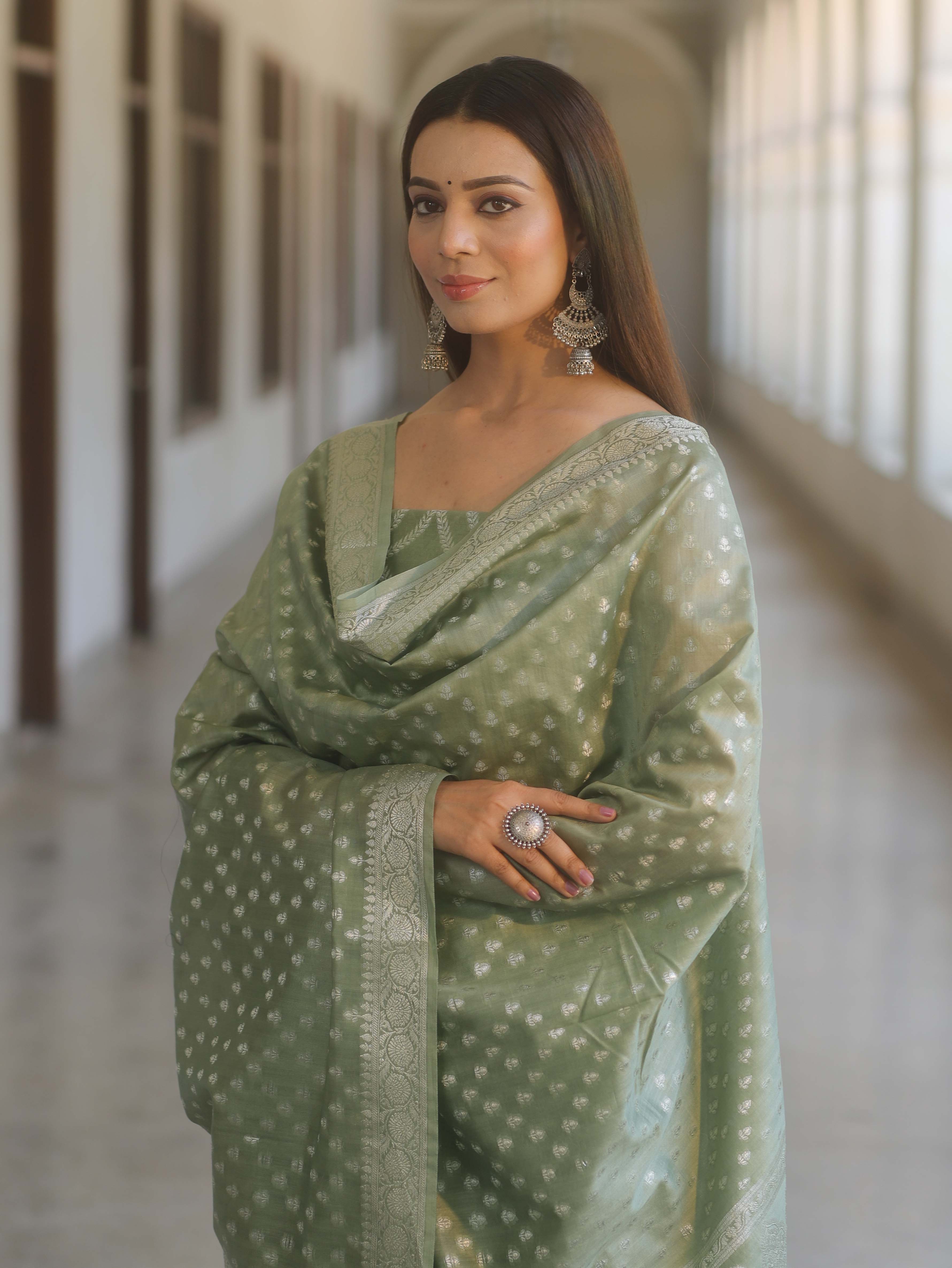 Banarasee Cotton Silk Zari Work Salwar Kameez Fabric With Dupatta-Pastel Green