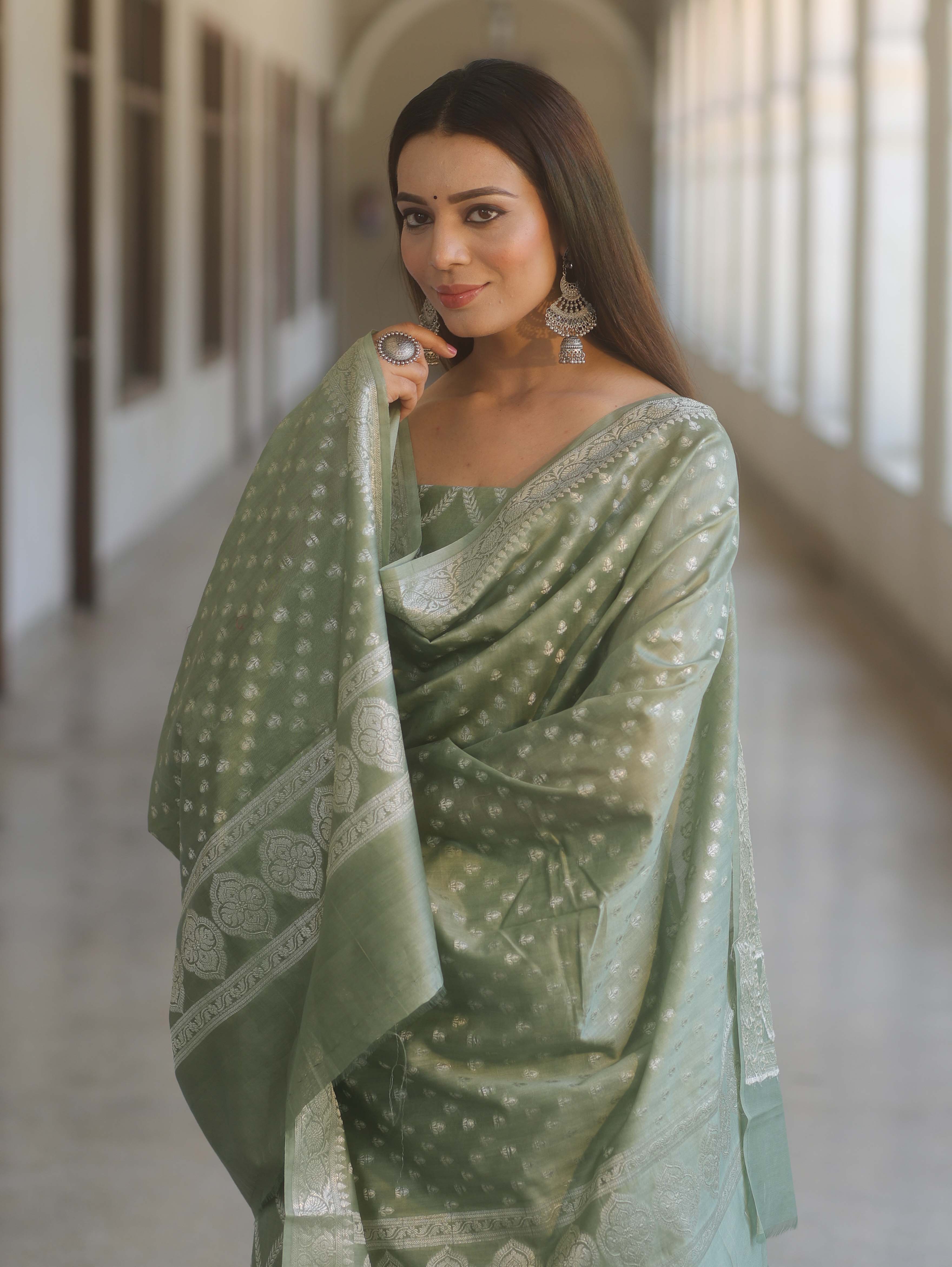 Banarasee Cotton Silk Zari Work Salwar Kameez Fabric With Dupatta-Pastel Green