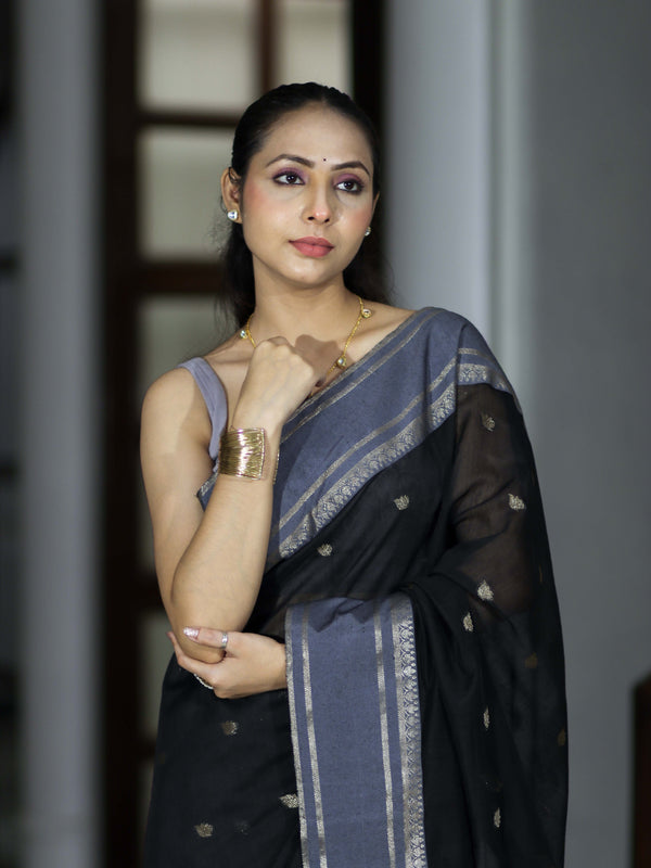 Banarasee Handloom Cotton Silk Saree With Zari Buti & Contrast Border-Black & Grey