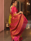 Banarasee Handloom Pure Dupion Silk Saree Antique Gold Zari Work-Green & Pink