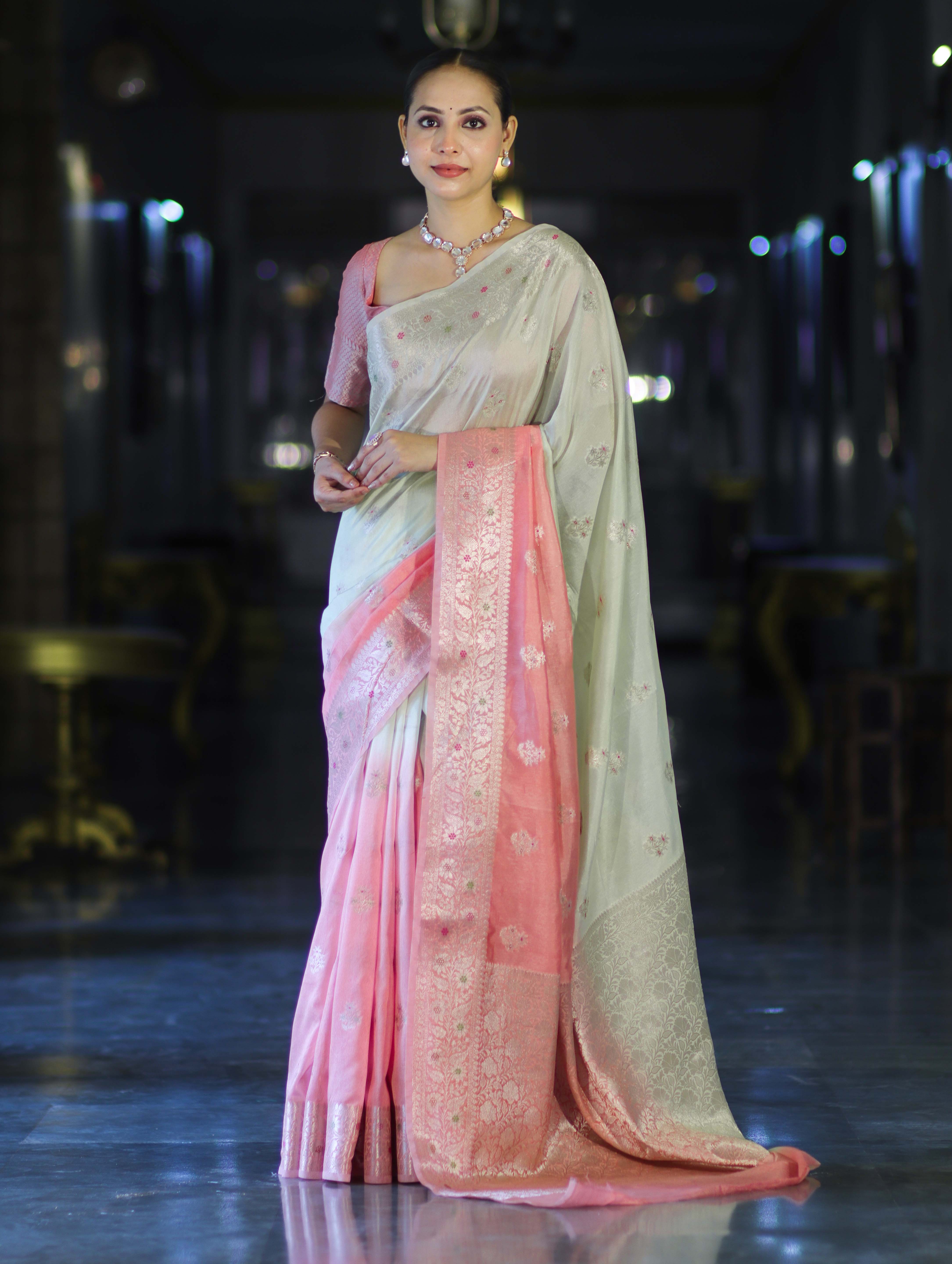 Banarasee Handloom Semi Silk Saree With Meena Design & Contrast Blouse-Light Green & Peach