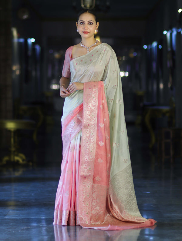 Banarasee Handloom Semi Silk Saree With Meena Design & Contrast Blouse-Light Green & Peach