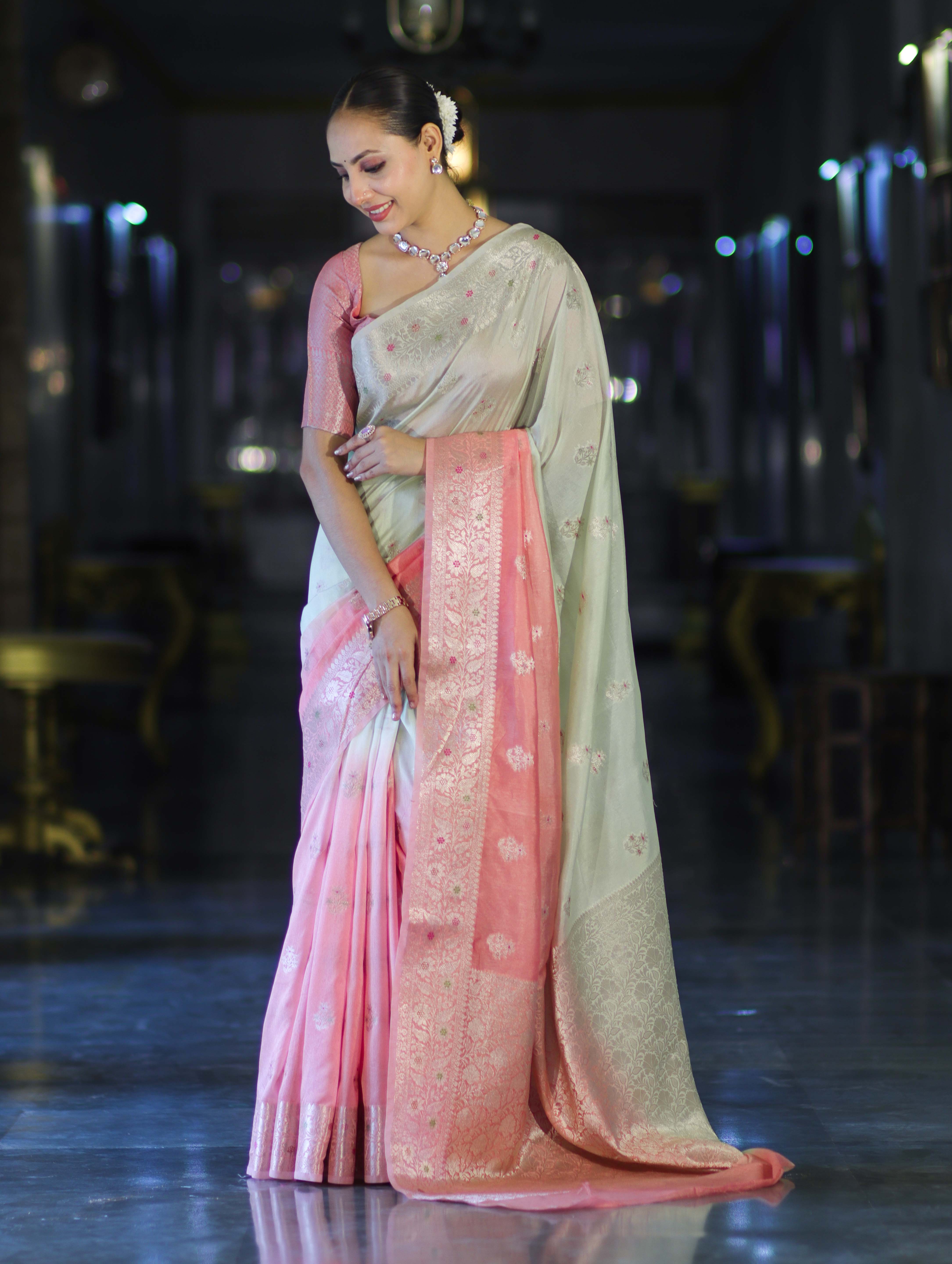 Banarasee Handloom Semi Silk Saree With Meena Design & Contrast Blouse-Light Green & Peach