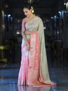 Banarasee Handloom Semi Silk Saree With Meena Design & Contrast Blouse-Light Green & Peach