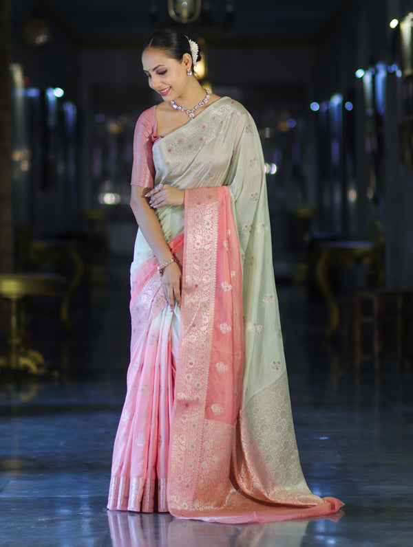 Banarasee Handloom Semi Silk Saree With Meena Design & Contrast Blouse-Light Green & Peach