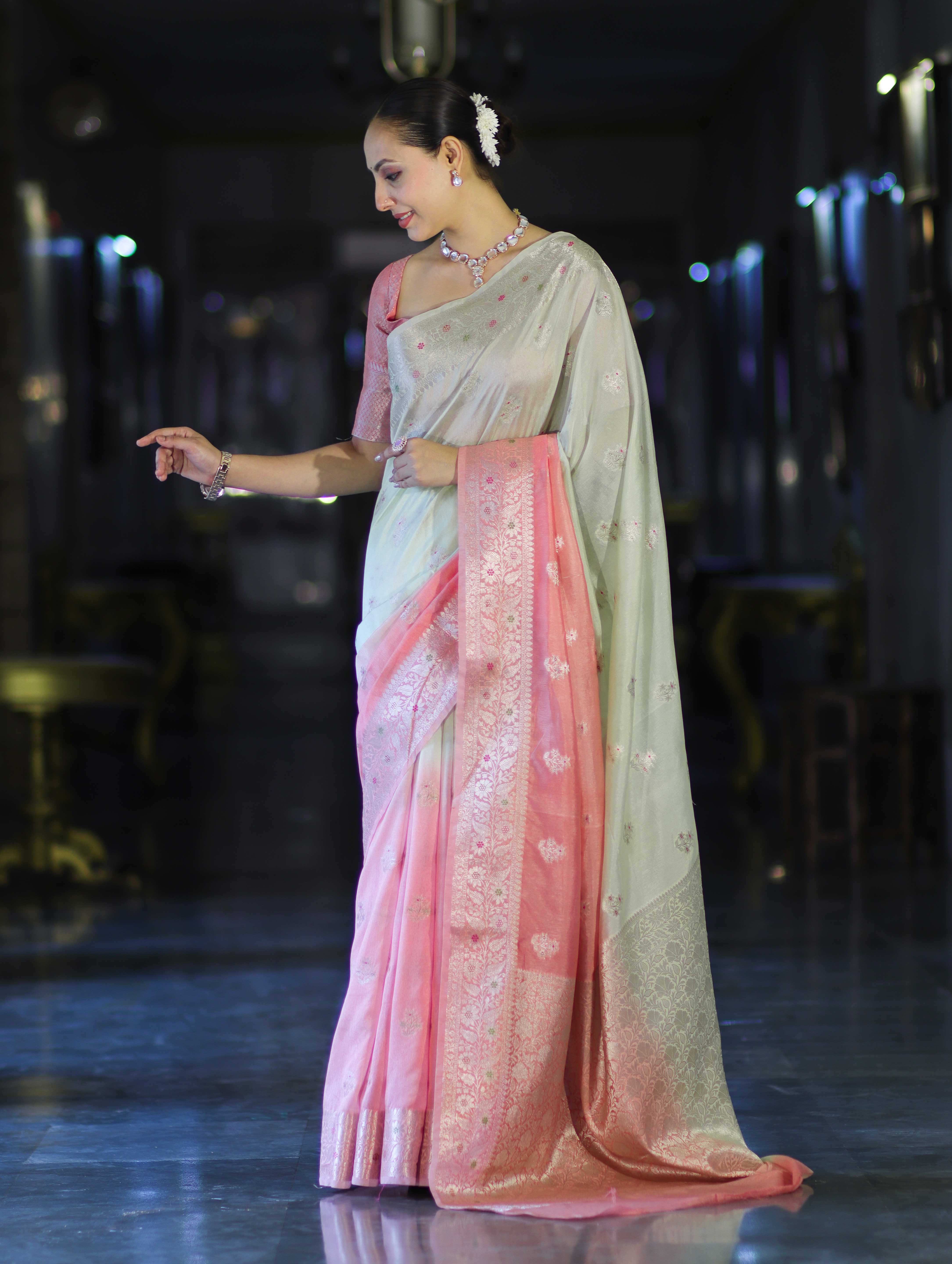 Banarasee Handloom Semi Silk Saree With Meena Design & Contrast Blouse-Light Green & Peach