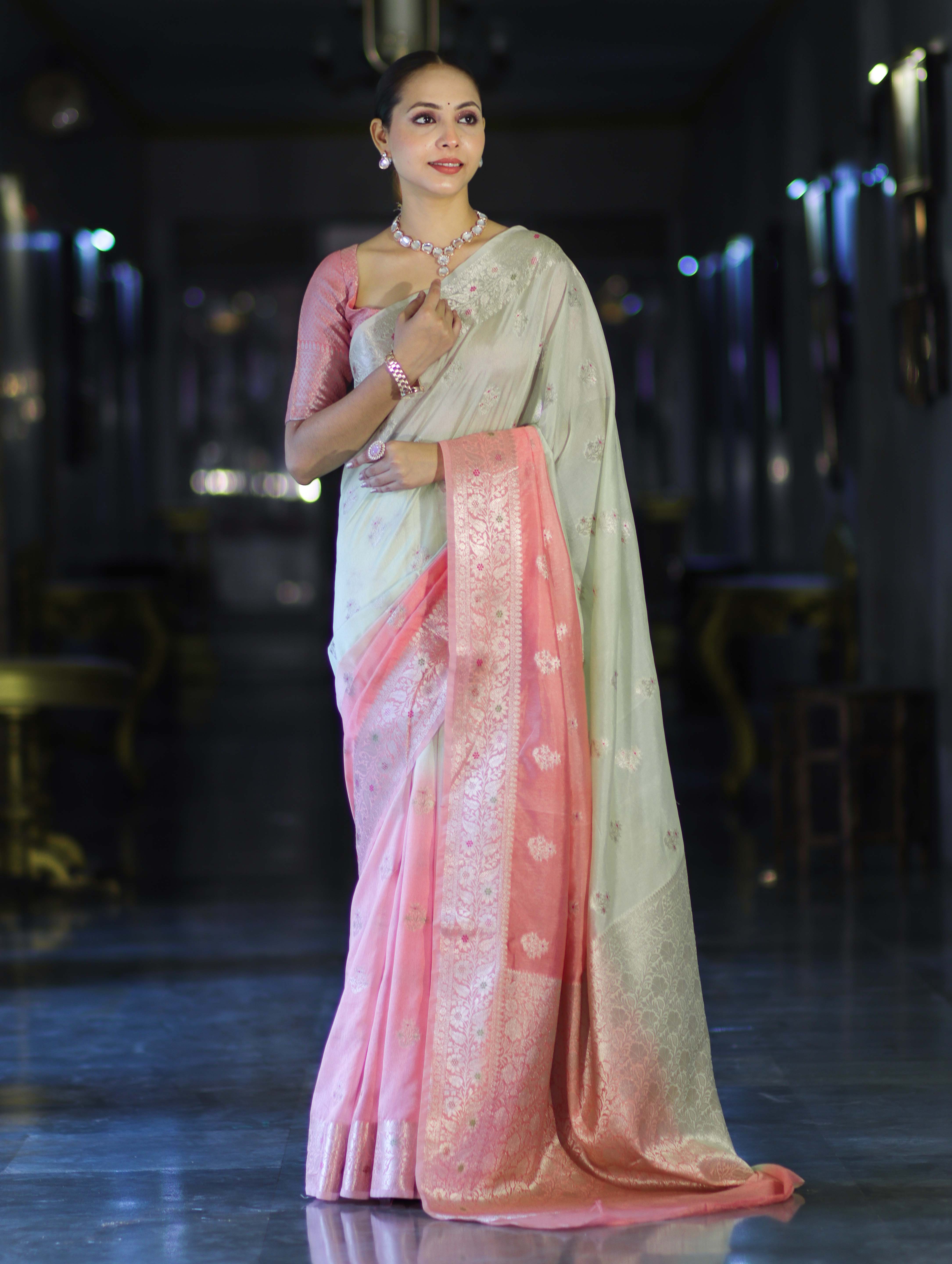 Banarasee Handloom Semi Silk Saree With Meena Design & Contrast Blouse-Light Green & Peach