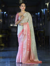 Banarasee Handloom Semi Silk Saree With Meena Design & Contrast Blouse-Light Green & Peach