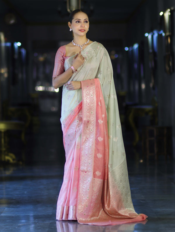 Banarasee Handloom Semi Silk Saree With Meena Design & Contrast Blouse-Light Green & Peach